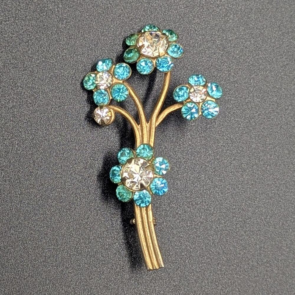 Vintage Aqua Rhinestone Floral Spray Brooch - Mid Centry Gold Tone Bouquet Pin